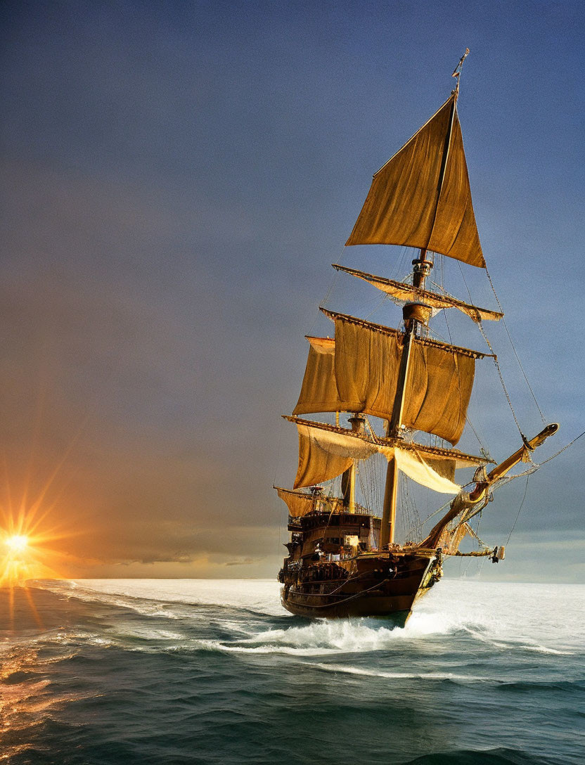 Tall ship sailing on the ocean at sunset with billowing sails