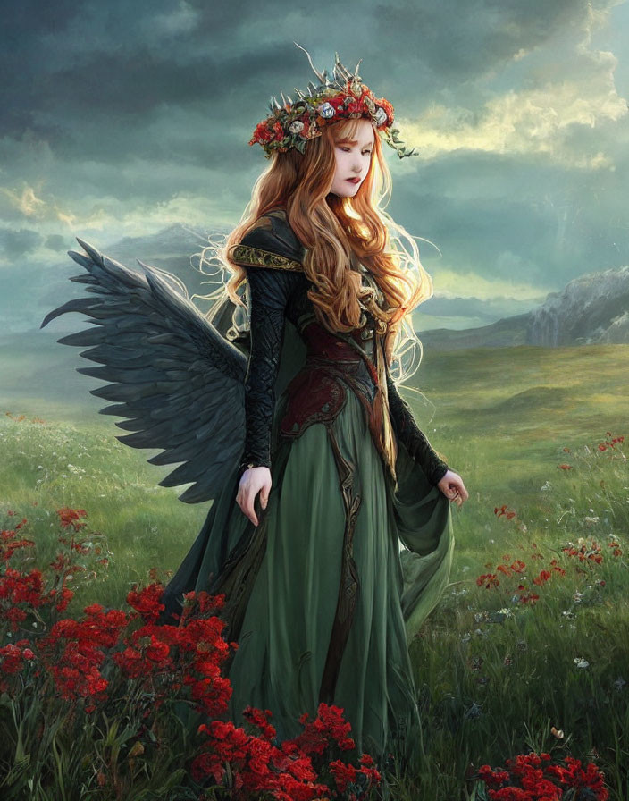 Majestic winged woman in floral crown among red flowers under dramatic sky