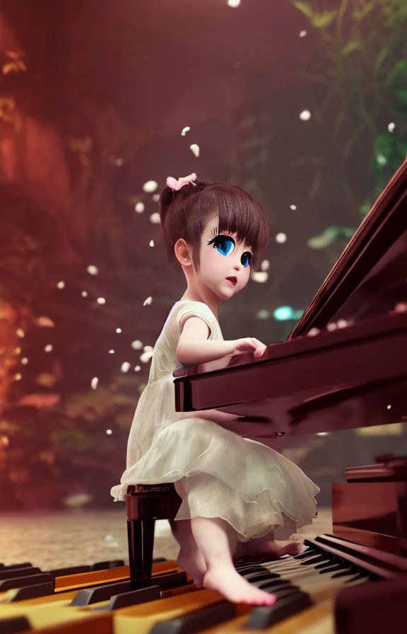 Young girl with pink hair clip at grand piano surrounded by golden leaves in white dress