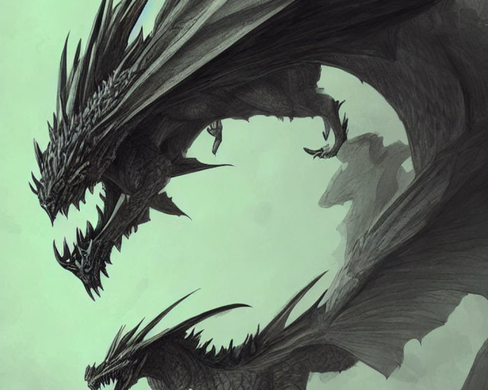 Mythic image of two dragons in misty green setting