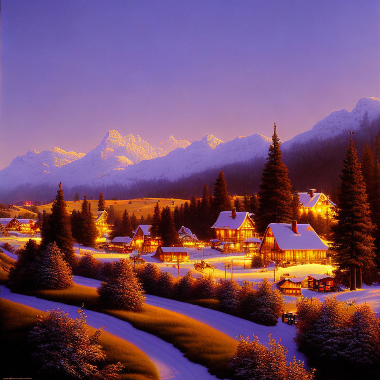 Snow-covered Alpine village at twilight with illuminated buildings and majestic mountains under deep blue sky