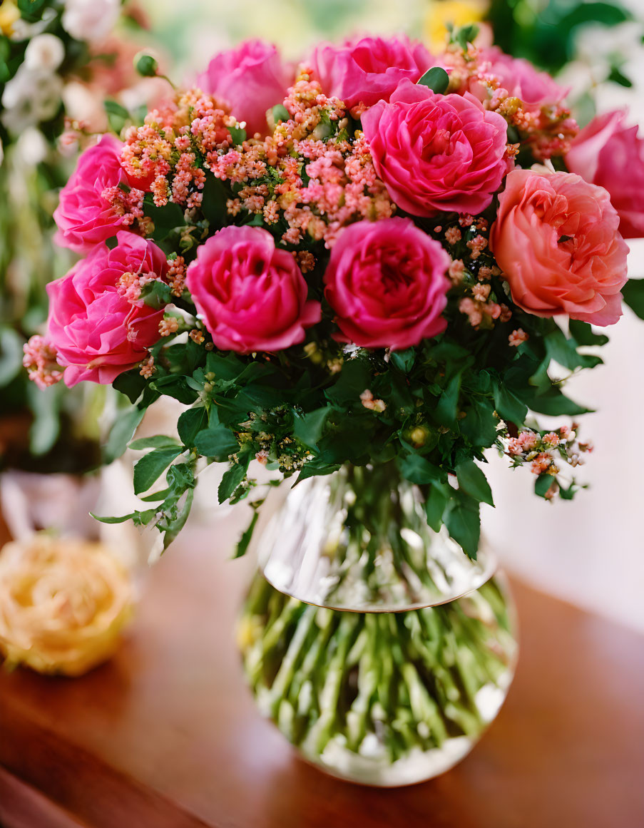 Pink and Orange Flower Bouquet in Glass Vase on Wooden Surface