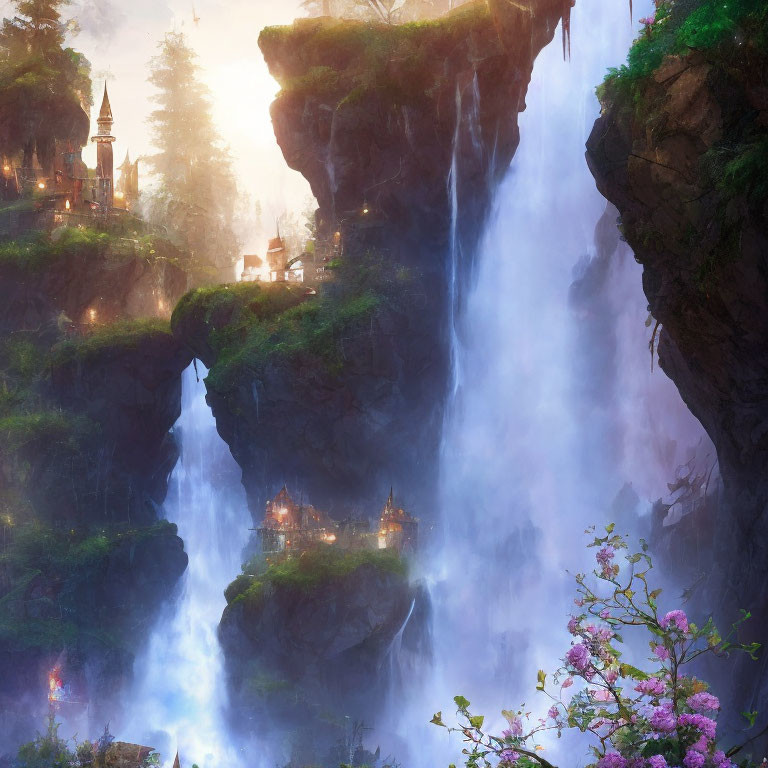 Majestic waterfall with fantasy buildings and lush foliage