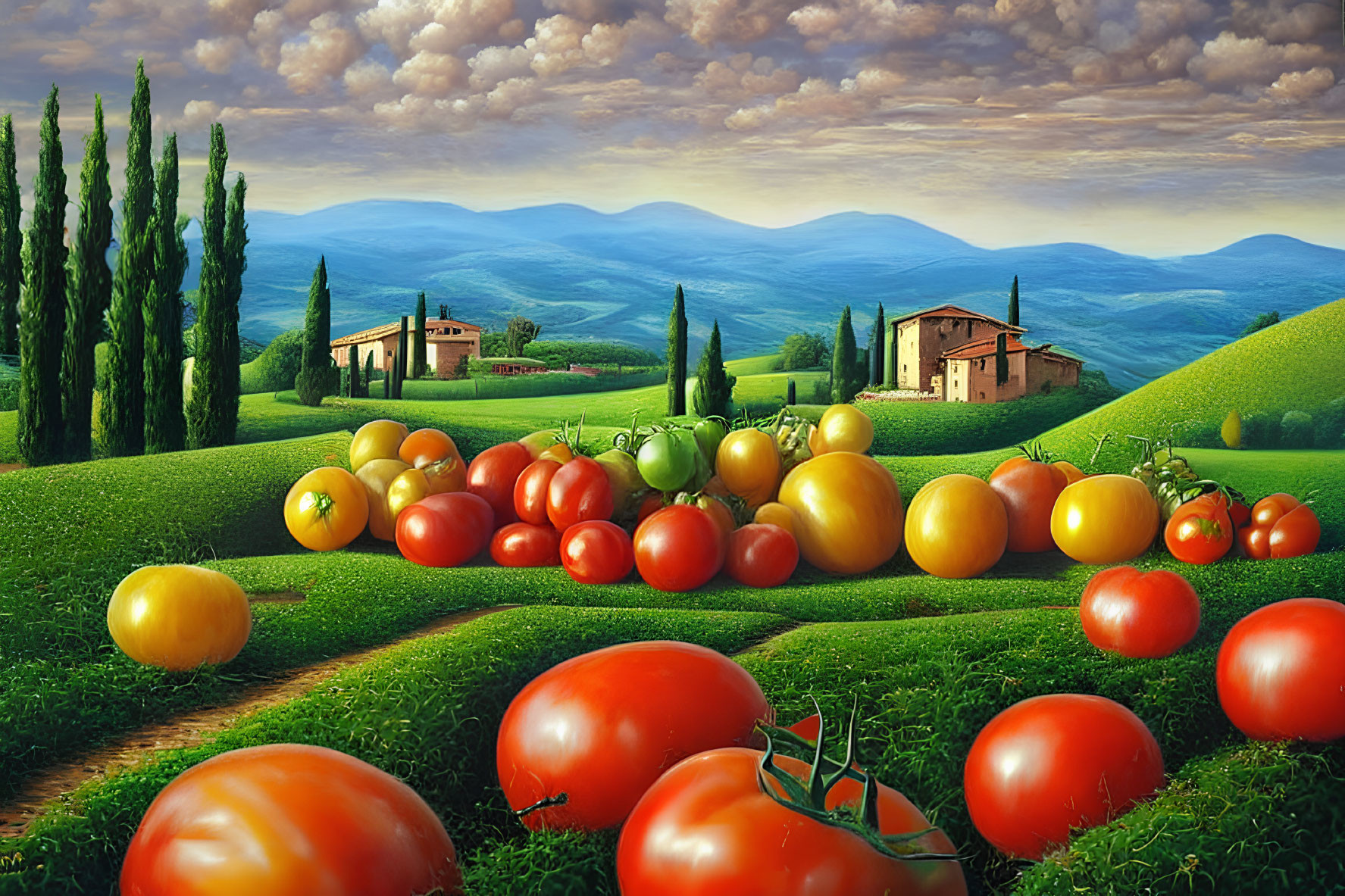 Vibrant painting of ripe tomatoes, Tuscan houses, hills, and cypress trees