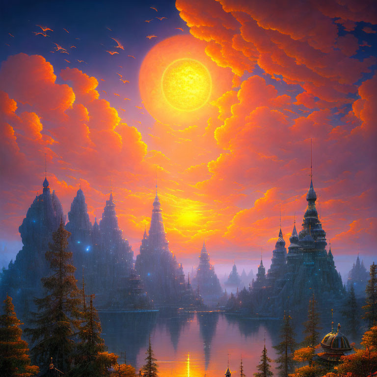 Vibrant orange and yellow sunset with gothic spires and trees reflected in water