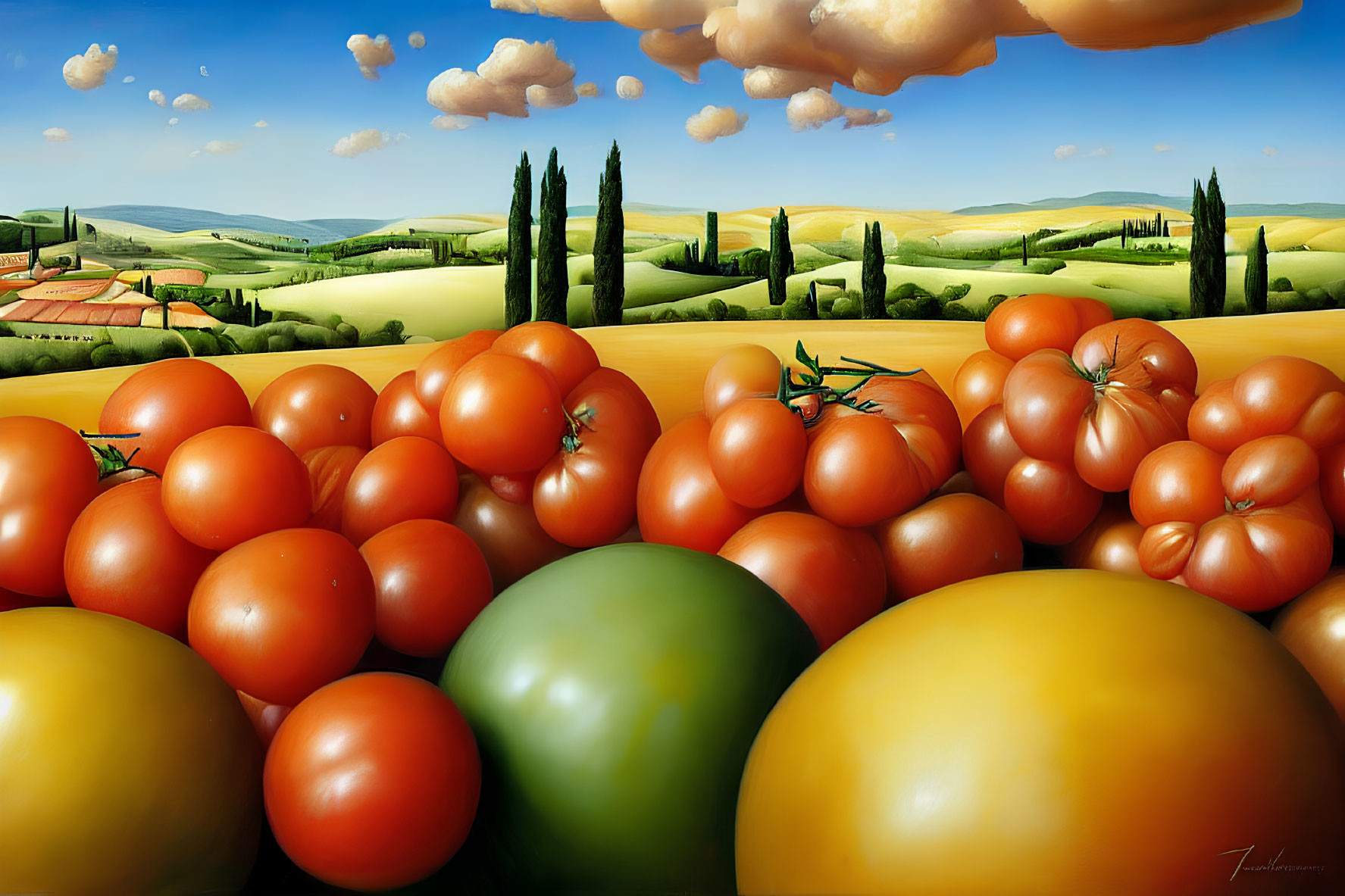 Colorful painting: Ripe tomatoes against Tuscan landscape.