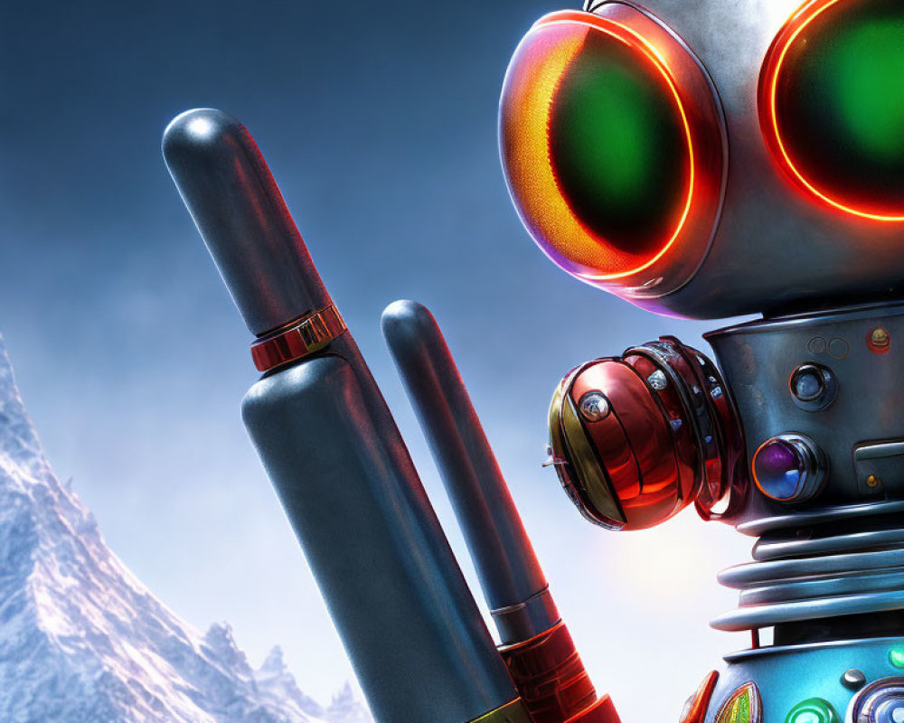 Colorful, Detailed Robotic Figure Against Mountainous Backdrop