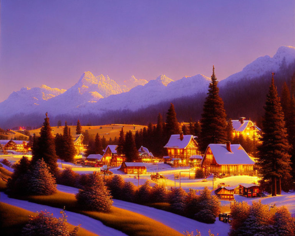 Snow-covered Alpine village at twilight with illuminated buildings and majestic mountains under deep blue sky