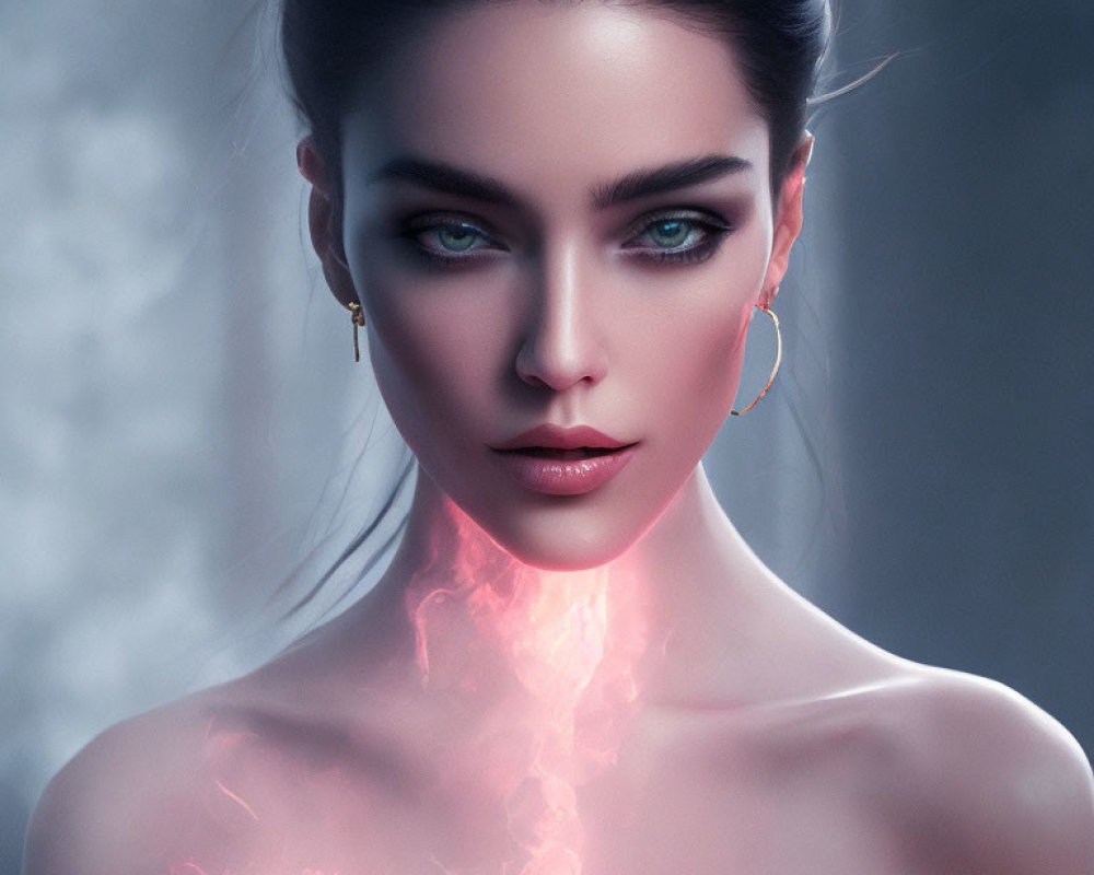 Digital artwork: Woman with glowing energy, green eyes, dark hair, elegant earrings