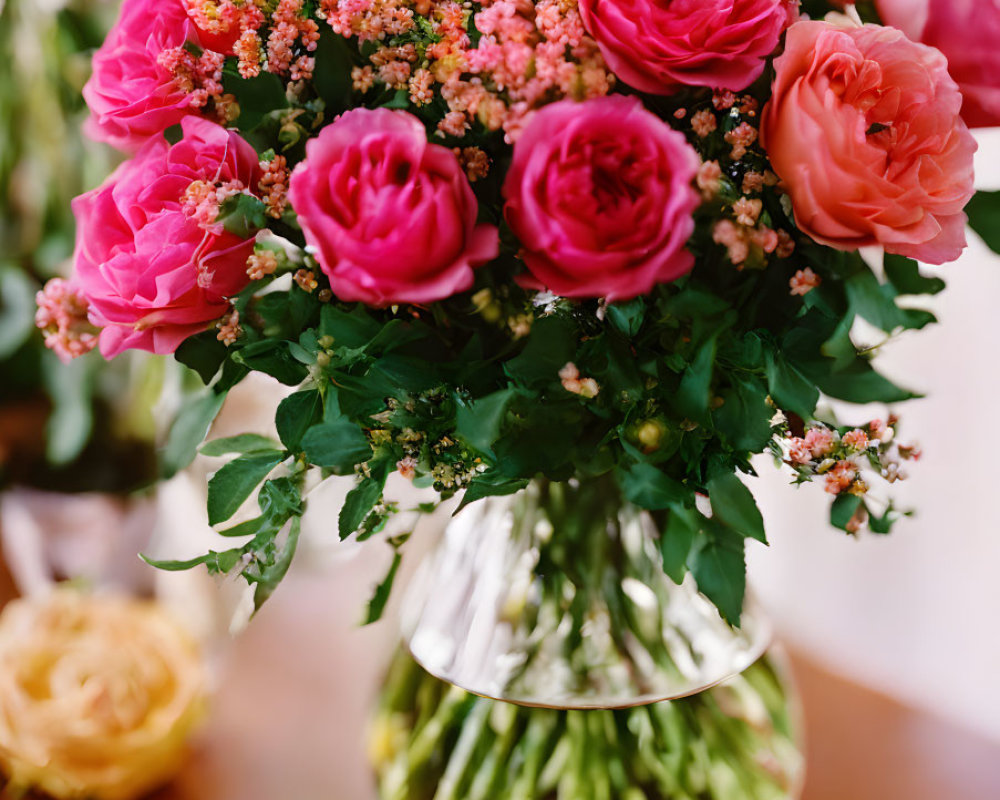 Pink and Orange Flower Bouquet in Glass Vase on Wooden Surface