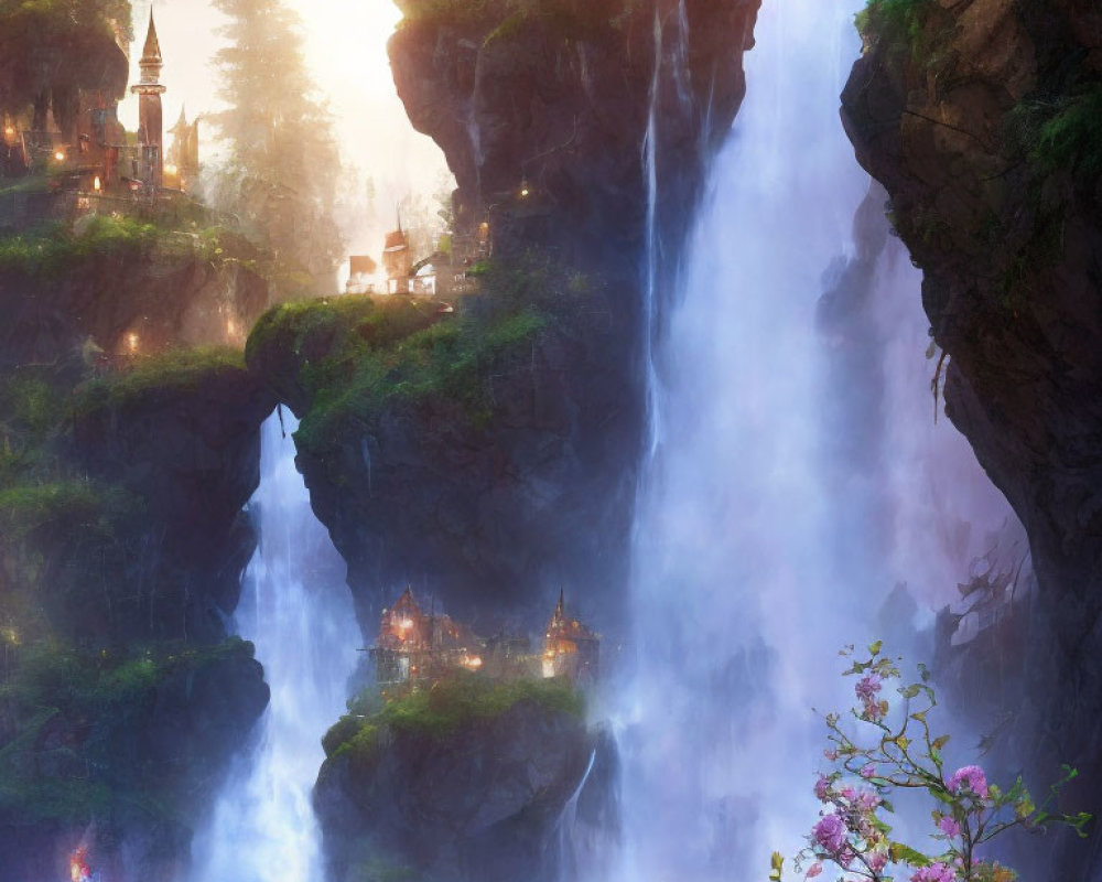 Majestic waterfall with fantasy buildings and lush foliage