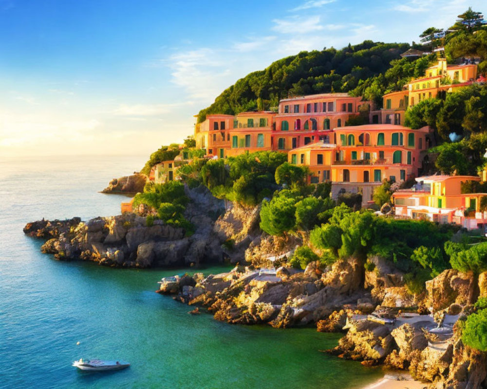 Sandy beach, turquoise waters, boat, colorful buildings on lush hillside