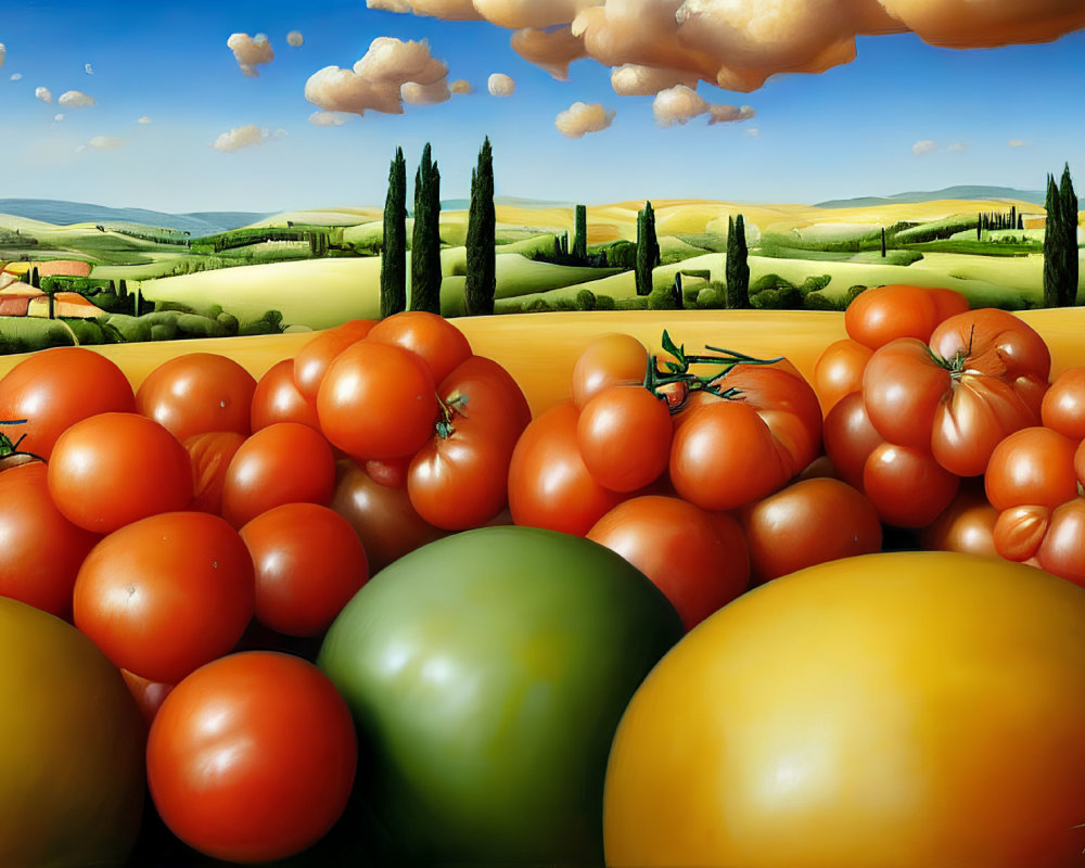 Colorful painting: Ripe tomatoes against Tuscan landscape.