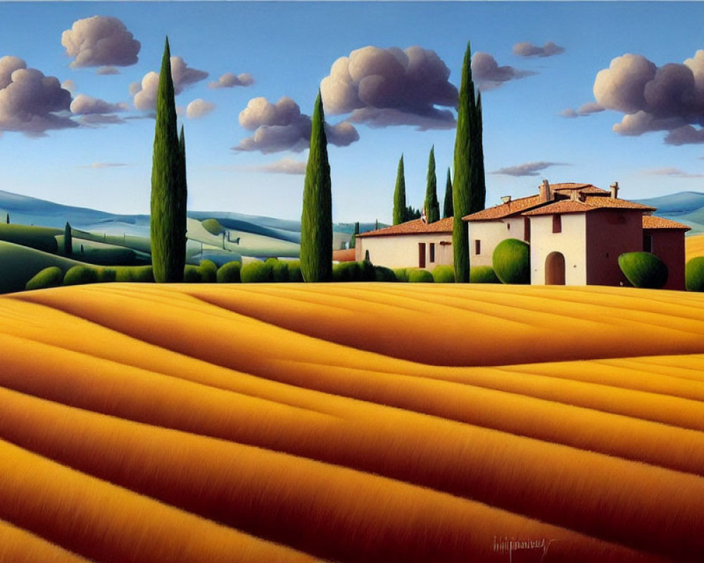 Stylized painting of countryside with house, cypress trees, and clouds