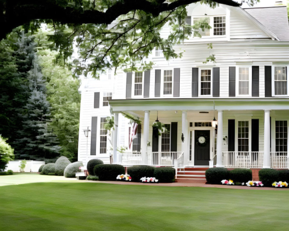 White Two-Story House with Front Porch and Lush Green Lawn