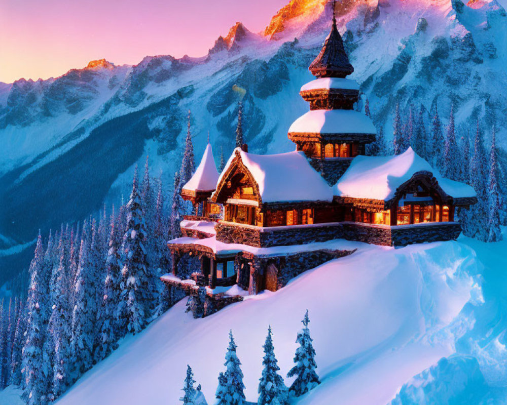 Snowy mountain landscape with cozy chalet and pink-hued sunset skies