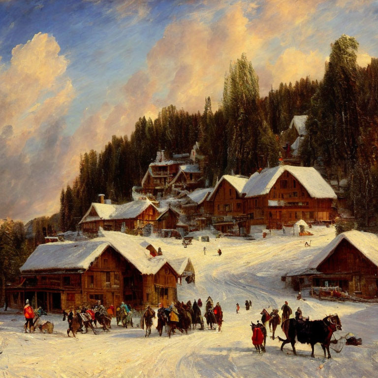 Snow-covered rustic village in serene winter setting