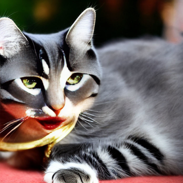 Gray and Black Cat with Green Eyes and Human-Like Mouth Editing