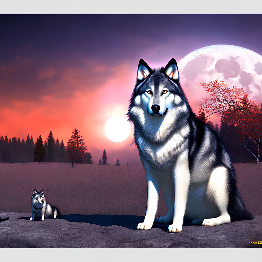 Mystical landscape with two wolves under full moon