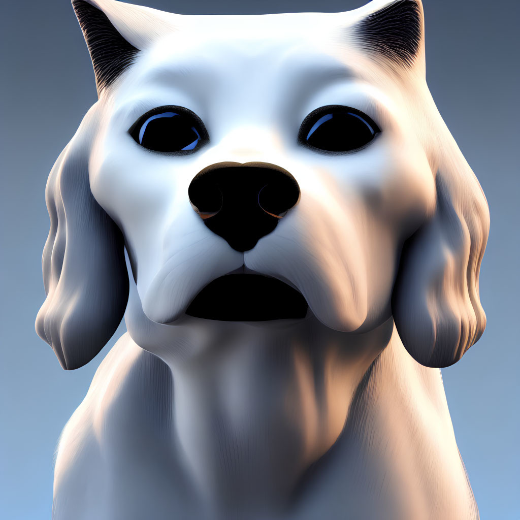 Stylized 3D White Dog with Exaggerated Features on Blue Background