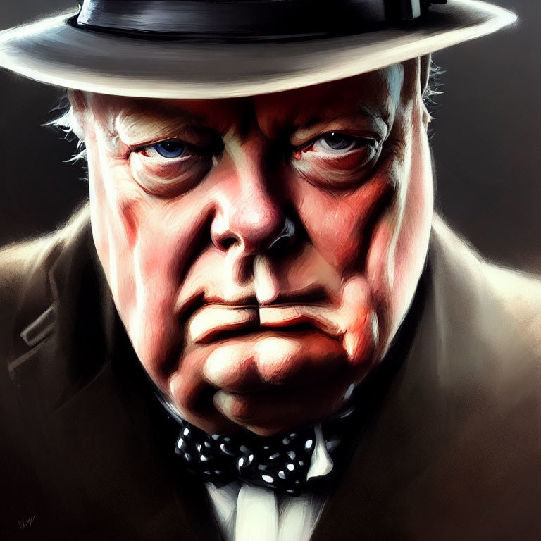 Realistic digital painting of stern man in bowler hat and polka dot bow tie