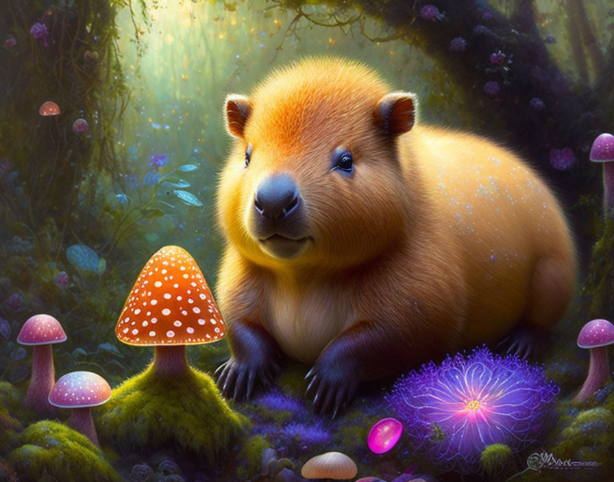 Illustration of Rotund, Fuzzy Orange Creature in Enchanted Forest