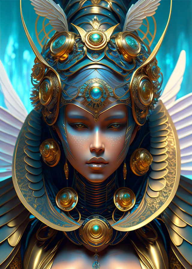 Detailed digital artwork: Fantastical female figure with golden headgear and armor, ornate feathers