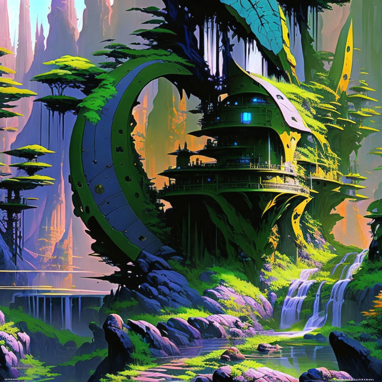 Circular Futuristic Treehouse in Alien Landscape with Waterfalls