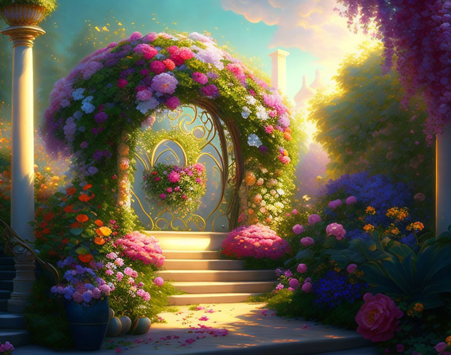 Lush flower-adorned garden gate at magical sunset glow