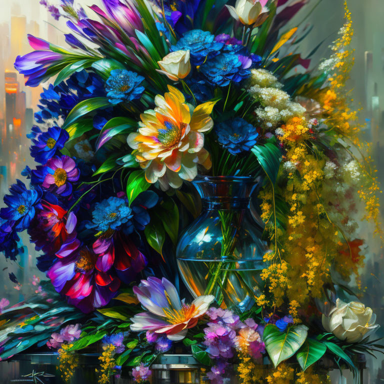 Multicolored flowers in glass vase with gentle light on blurred background