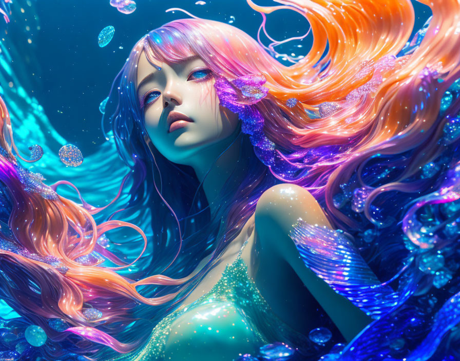 Colorful Mermaid Illustration with Pink and Orange Hair in Underwater Scene