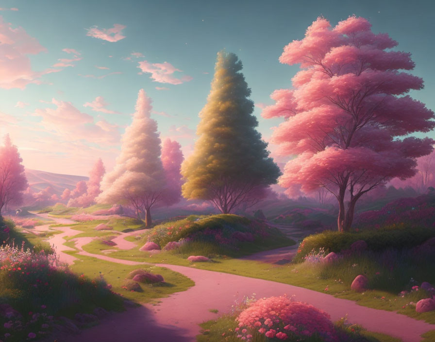 Tranquil path in surreal landscape with pink and white trees under violet sky