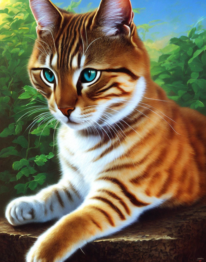 Vibrant orange-striped cat with turquoise eyes on tree branch