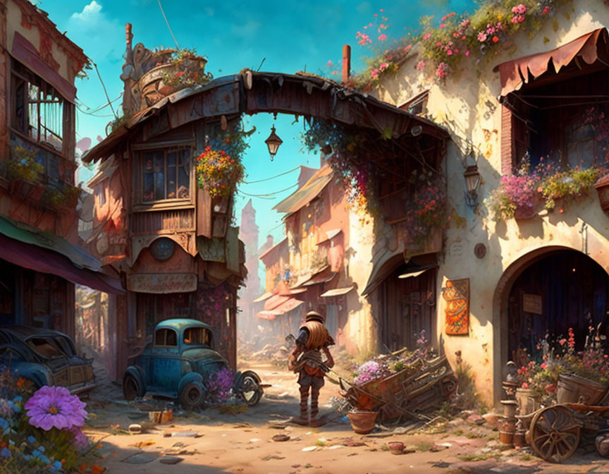 Vibrant fantasy street scene with rustic buildings, flowers, old car, cobblestone path,