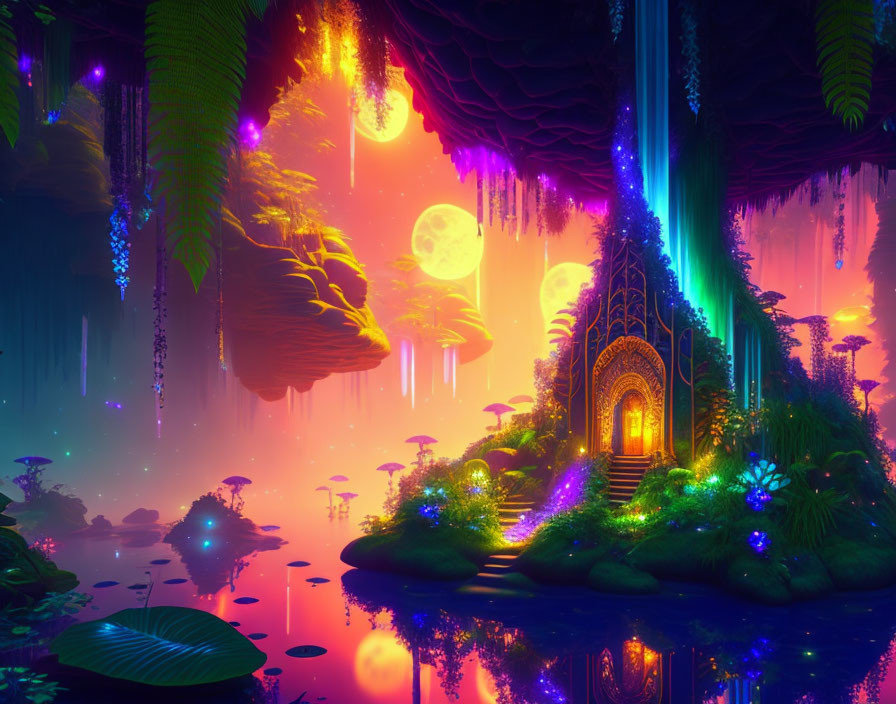 Neon-colored fantasy landscape with floating islands, waterfall, exotic plants, and mystical doorway.