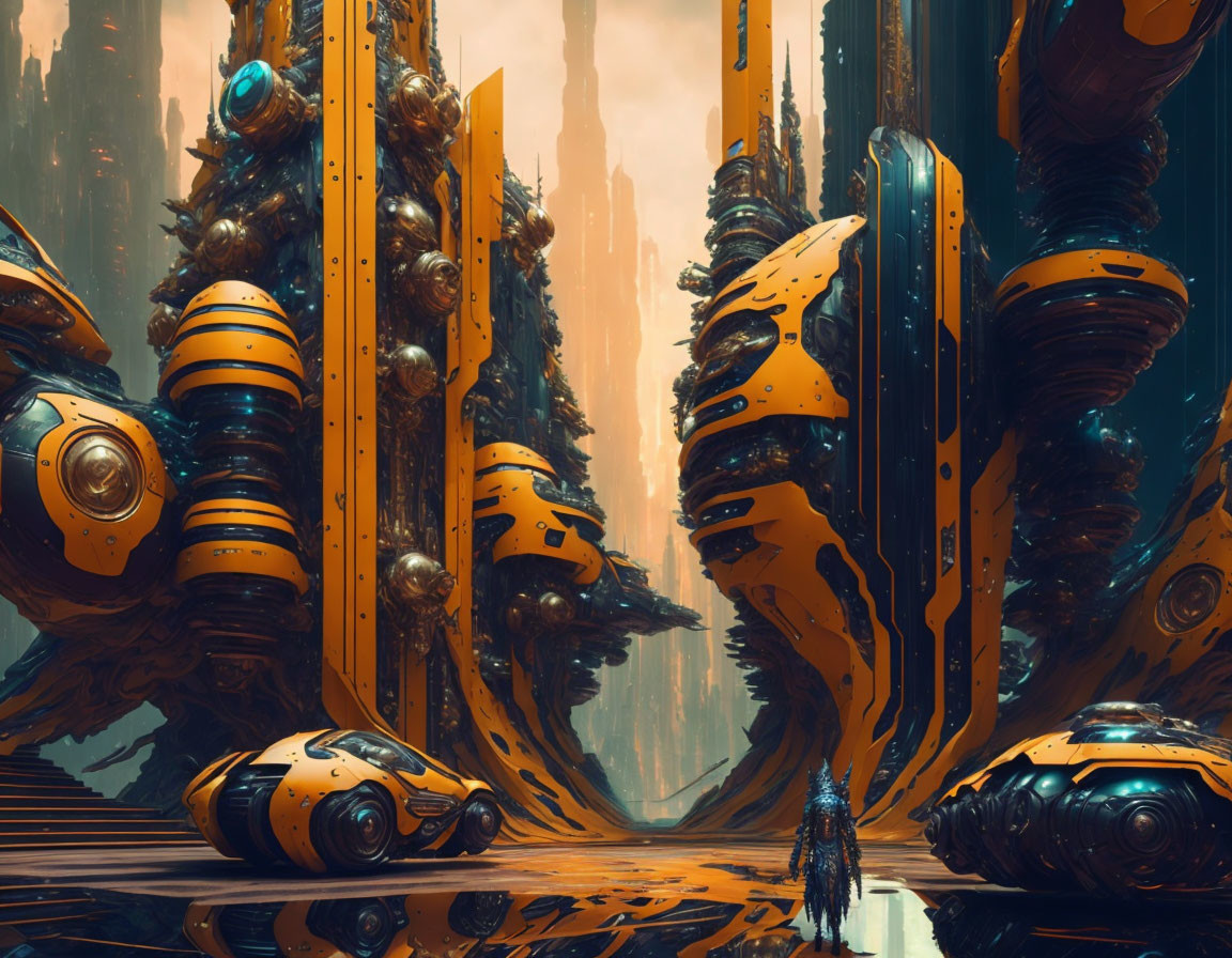 Futuristic landscape with orange-striped monolithic structures and spherical robots