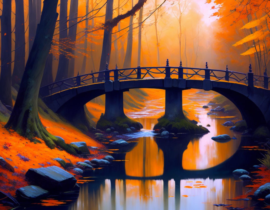 Tranquil autumn stream under ornate bridge with golden-orange trees