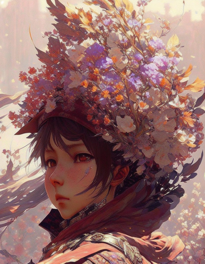 Digital artwork featuring person with serene expression in large, intricate floral hat.