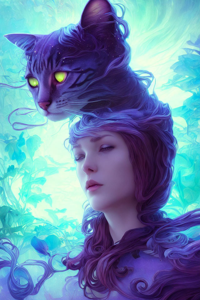 Detailed illustration: Woman and cat blend in purple hues on blue background