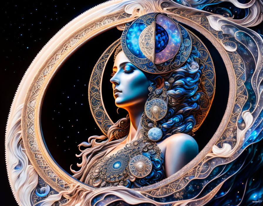 Blue-skinned woman with cosmic jewelry in ornate frame on starry backdrop