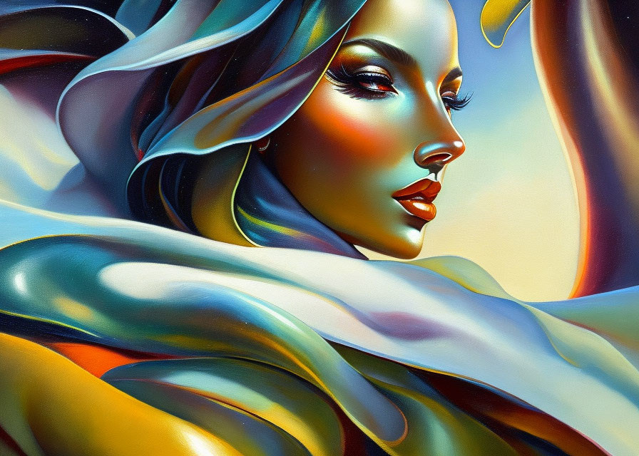 Abstract Woman Portrait with Flowing Shapes in Vibrant Colors