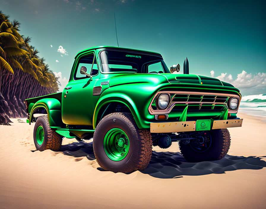 Vintage green pickup truck on sandy beach with palm trees and clear blue sky