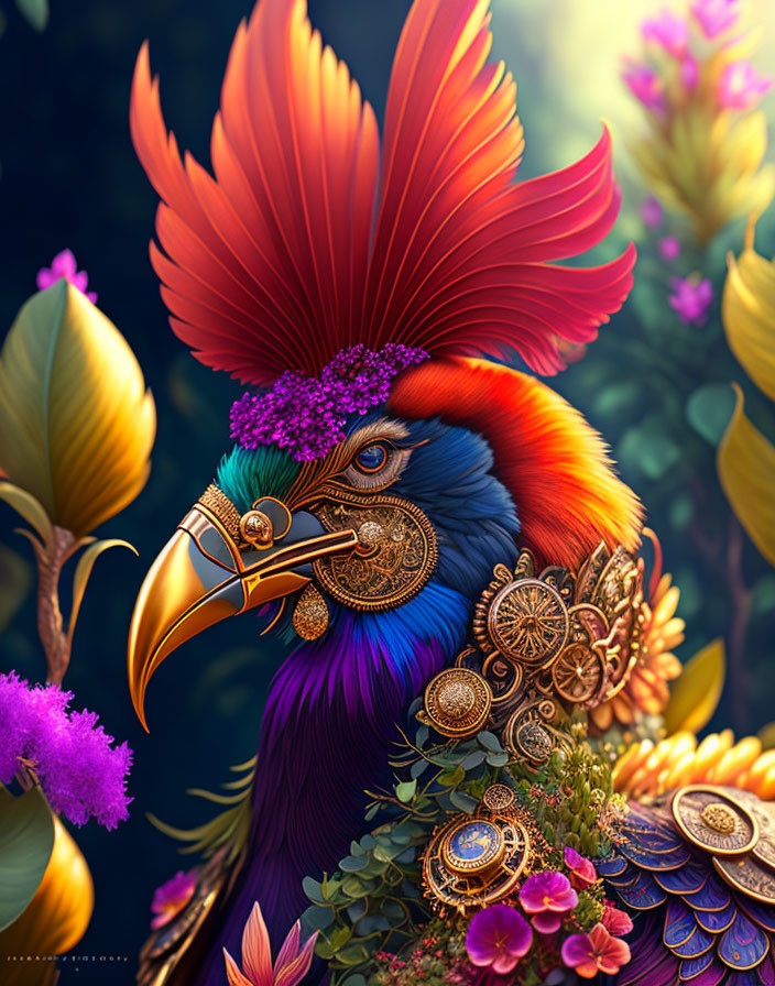 Colorful Bird Illustration with Ornate Feathers and Jeweled Adornments