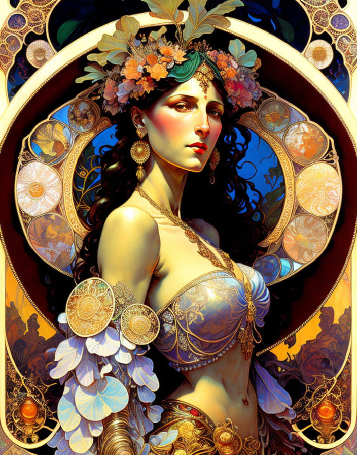 Detailed Art Nouveau Woman Illustration with Floral Headdress and Golden Frame