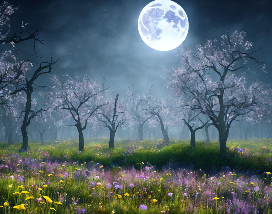 Serene full moon night scene over blooming orchard and wildflowers