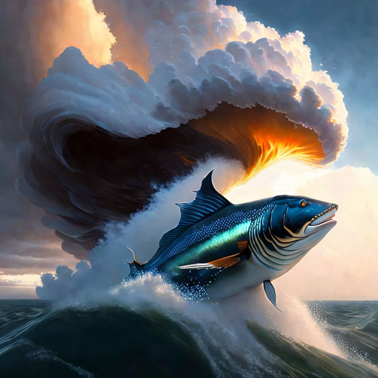 Colorful fish leaping from stormy ocean waves under dramatic storm cloud