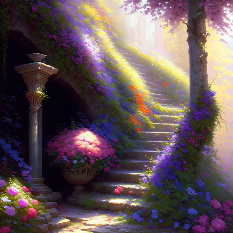 Sunlight through trees on flower-lined staircase to mystical destination