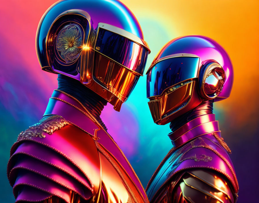 Reflective golden helmets on futuristic robots in vibrant setting