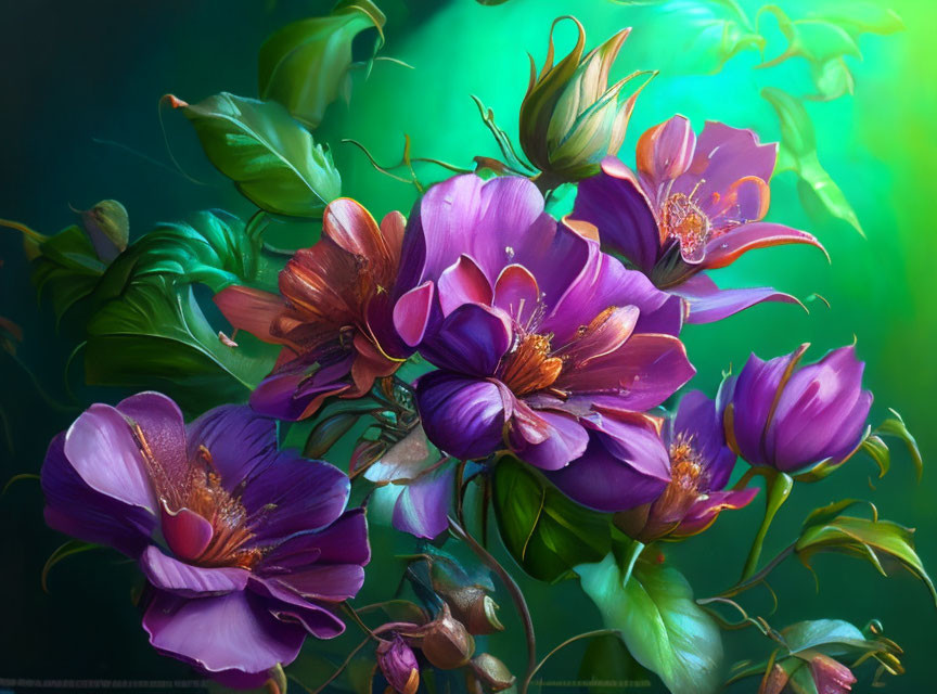 Colorful digital painting of purple flowers and green leaves on soft background