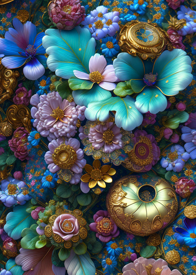 Detailed Artwork: Vibrant Flowers with Golden Watches and Jewelry in Lush Setting